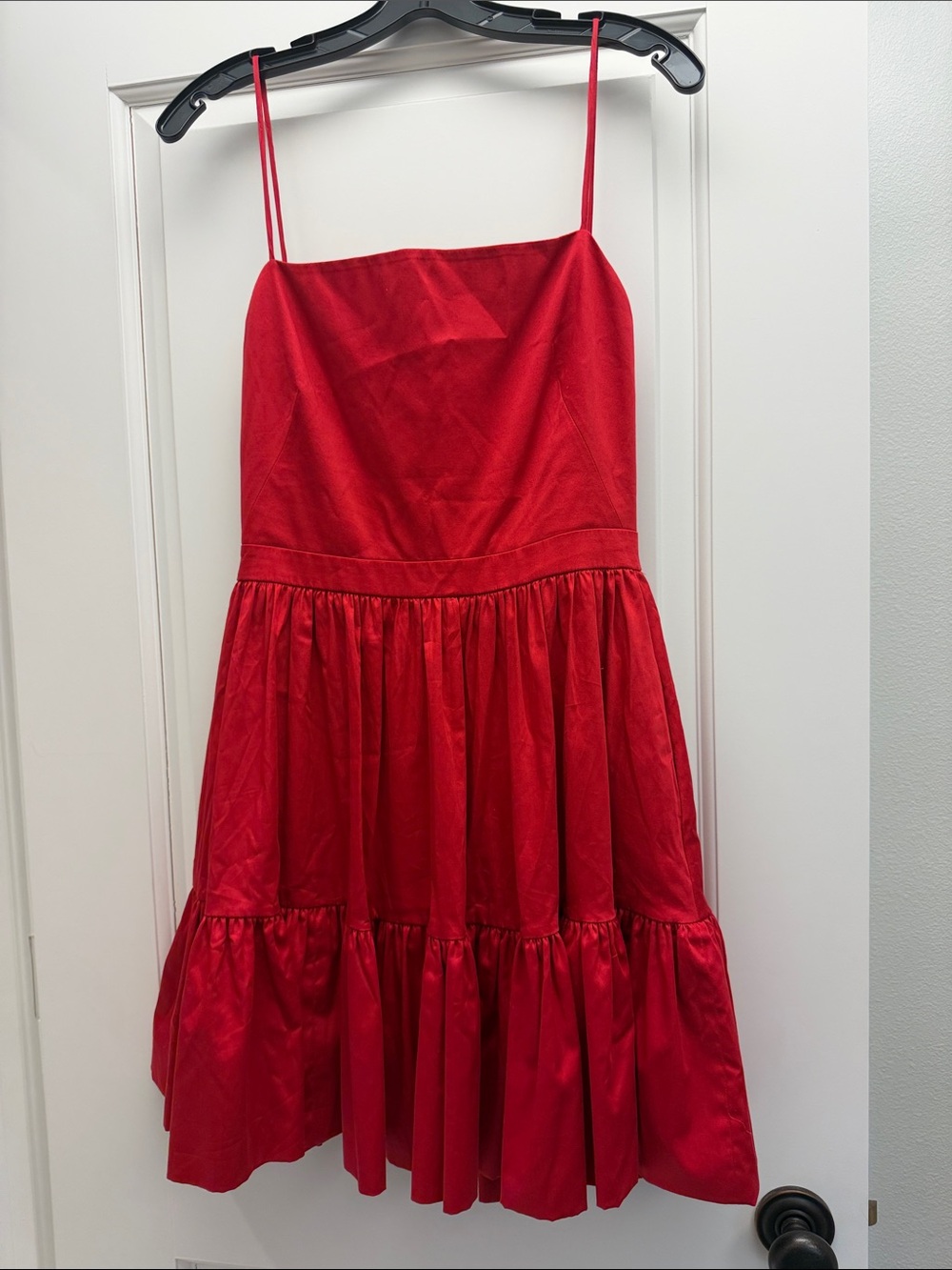 Red Spaghetti-Strap Formal Dress with Tiered Skirt